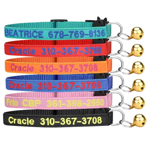 Personalisiertes Katzenhalsband, individuell besticktes Katzenhalsband mit Namen und Telefonnummer, Nylon-ID-Halsband für Katze oder Kätzchen, mit Sicherheitsschnalle mit Glöckchen Personalisiertes Katzenhalsband, individuell besticktes Katzenhalsband mit Namen und Telefonnummer, Nylon-ID-Halsband für Katze oder Kätzchen, mit Sicherheitsschnalle mit Glöckchen von ROKHEVN