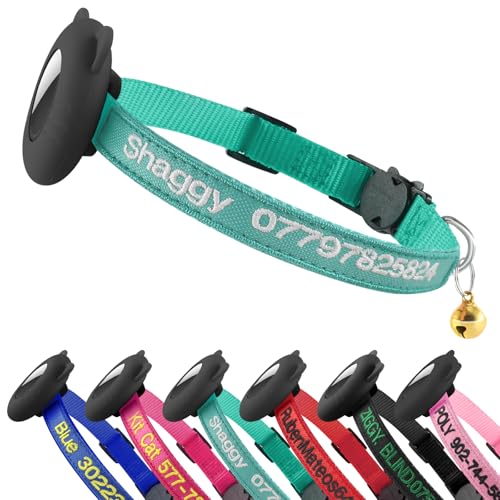 ROKHEVN Personalisiertes Katzenhalsband mit Airtag-Halter, individuell besticktes ID-Halsband für Katzen, Nylon, Unisex, durchschnittliche Größe, mehrere Farben, alle Rassen, Airtag-Halter ROKHEVN Personalisiertes Katzenhalsband mit Airtag-Halter, individuell besticktes ID-Halsband für Katzen, Nylon, Unisex, durchschnittliche Größe, mehrere Farben, alle Rassen, Airtag-Halter von ROKHEVN