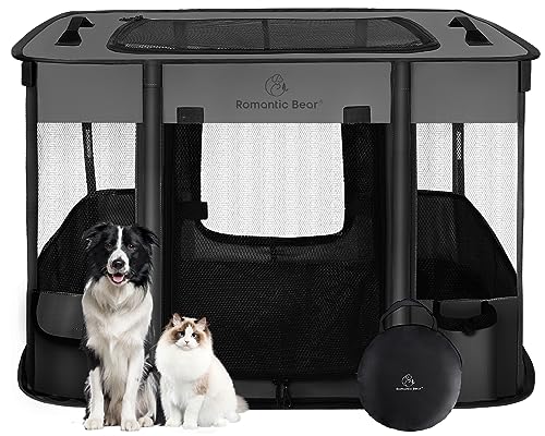 Haustier-Laufstall, faltbar, für Hunde und Katzen, tragbar, wasserabweisend, abnehmbar, für drinnen und draußen, Reisen, Camping, für kleine Tiere, inkl. Tragetasche (groß, grau) von ROMANTIC BEAR