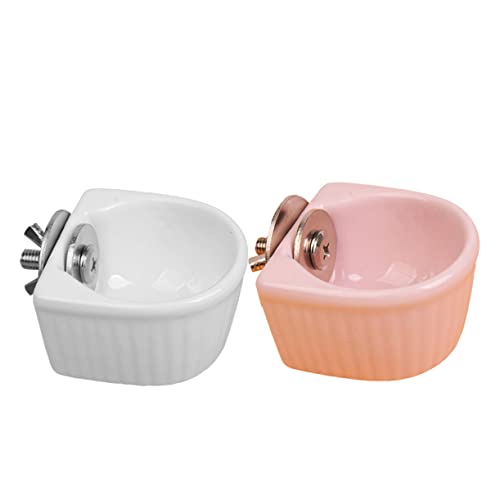 ROMISBABA 2 Stück Keramik Futternäpfe für Kleine Haustiere Hängende Schalen für Hamster Meerschweinchen und Kaninchen Rutschfestes Design Weiß und Rosa für Futter und Wasser von ROMISBABA