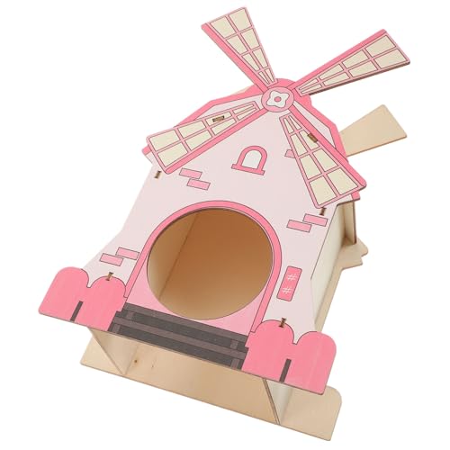 ROMISBABA Hamster Windmühle aus Holz Beißfestes Dekoratives Versteckhaus für Kleintiere Kuscheliges Nistkästchen für Ratten Meerschweinchen und Hamster Rosa von ROMISBABA