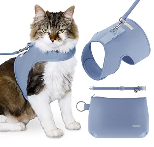 Katzengeschirr, Halsband und Leine, Set – ausbruchsicher, verstellbar, erstickungsfrei, mit Klettverschluss, für Katzen und Kätzchen (Baumwolle, Blau, groß) von ROMP