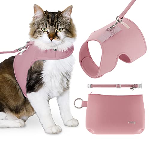 Katzengeschirr, Halsband und Leine Set – ausbruchsicher, verstellbar, mit Klettverschluss für Spaziergänge mit Katzen und Kätzchen (Puderrosa, klein) von ROMP