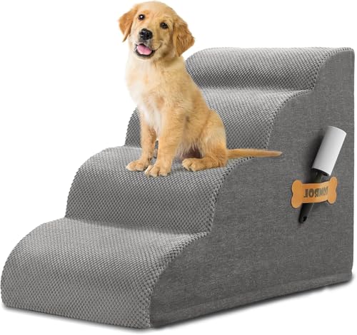 ROMROL Hundetreppe 4 Stufen – rutschfeste Haustiertreppe für kleine Hunde & Katzen – Waschbarer Bezug, Hochdichter Memory-Schaum – Weiche Einstiegshilfe für Sofa & Bett – Gelenkschonend, Grau von ROMROL