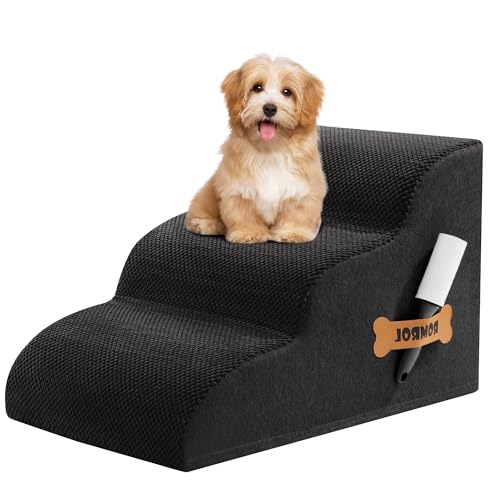 Romrol Hundetreppe Rampe für Betten und Sofas, extra breite Haustierstufen mit strapazierfähigem, rutschfestem, wasserdichtem Stoffbezug, Hundetreppe für kleine Hunde und Katzen oder Haustiere, 3 von ROMROL