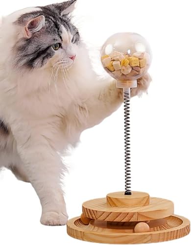 RONGXG Interaktives Leckerli-Ballspielzeug für Katzen, auslaufendes Spielzeug, Holz, Federbahn, lustiges Haustier-Katzenspielzeug für Kätzchen, Welpen, Indoor-Spielspielzeug von RONGXG