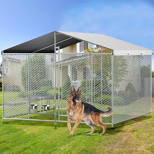 Hundehütte mit Dach, robuste Outdoor-Hundehütte mit 2 drehbaren Näpfen und aktualisiertem Sicherheitsschloss, große Hundehütte mit abnehmbarer Abdeckung für große Haustiere (20 x 20 x 150 cm) von ROOMTEC