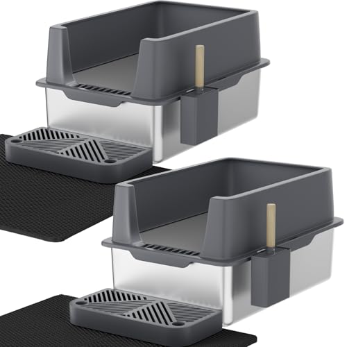 Katzentoilette aus Edelstahl mit Deckel, 2 Stück XL Metall Katzentoilette mit abnehmbaren hohen Seiten geschlossen, Fußpedal & Schaufel & Katzentoilette für große Katzen, Anti-Urinleckage von ROOMTEC