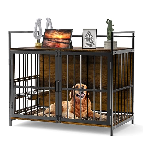 ROOMTEC Große Hundebox im Möbelstil mit zwei um 360° verstellbaren Näpfen, Beistelltisch, Hundehütte, große Hundehütte für den Innenbereich für große Hunde ROOMTEC Große Hundebox im Möbelstil mit zwei um 360° verstellbaren Näpfen, Beistelltisch, Hundehütte, große Hundehütte für den Innenbereich für große Hunde von ROOMTEC