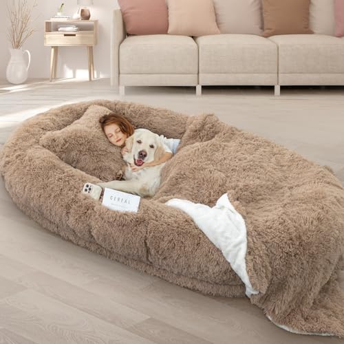 ROOMTEC Hundebett, 180 x 114 x 30 cm, waschbar, riesiges Hundebett, 10 cm Dicker Memory-Schaum, großes übergroßes Hundebett mit prallen Kissen, Decke, Gurt, Khaki von ROOMTEC