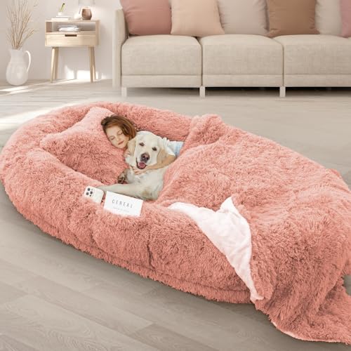 ROOMTEC Hundebett, 180 x 114 x 30 cm, waschbar, riesiges Hundebett, 10 cm dick, Memory-Schaum, großes übergroßes Hundebett mit prallen Kissen, Decke, Gurt, Rosa von ROOMTEC