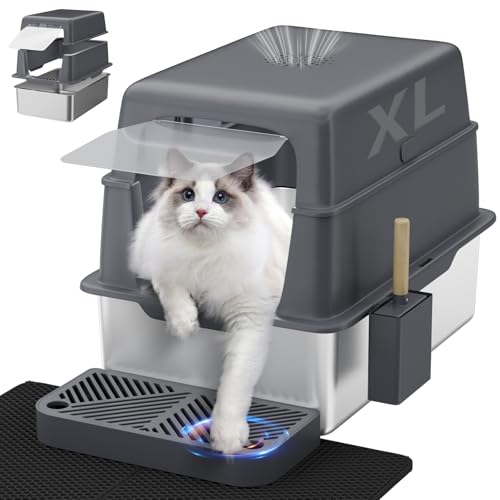 ROOMTEC Katzentoilette aus Edelstahl mit Deckel, XL, extra groß, geschlossene Metall-Kitty-Katzentoilette für große Katzen mit hoher Seite, inklusive Schaufel, Katzentoilette, nicht klebrig, von ROOMTEC