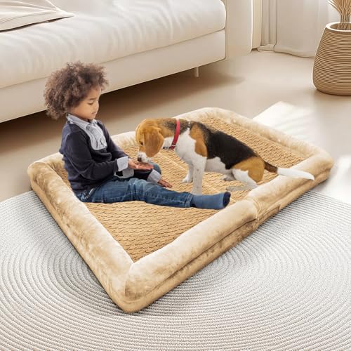 ROOMTEC Orthopädisches Hundebett für große Hunde, Memory-Schaum, Katzenbett mit aufklebbarem Design, wasserdichtes Haustierbett mit waschbarem, abnehmbarem Bezug (91,4 cm, Khaki), 2 Stück von ROOMTEC