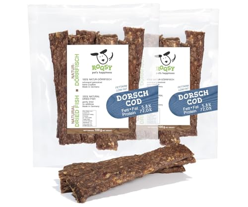 ROQSY Natur-Dörrfisch 100% DORSCH Trockenfisch für Hunde 200g, FETTARM, Barf-Ergänzung, getreidefrei, Kausnack, Hundesnack, Kaustreifen, Leckerli, Kaufisch schonend getrocknet von ROQSY