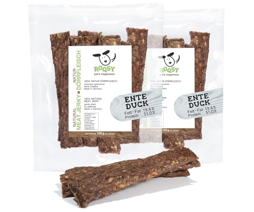 ROQSY Natur-Dörrfleisch 100% Ente Trockenfleisch für Hunde 200g/2x100g, Barf-Ergänzung, getreidefrei, Jerky, Hundesnack, Kaustreifen, Leckerli, Kaufleisch schonend getrocknet von ROQSY