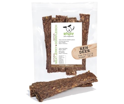 ROQSY Natur-Dörrfleisch 100% REH Trockenfleisch für Hunde 100g Kauartikel auch für Welpen, getreidefrei, Jerky, Hundesnack, Kaustreifen, Leckerli, Kaufleisch schonend getrocknet von ROQSY