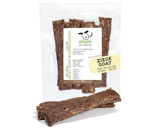 ROQSY Natur-Dörrfleisch 100% Ziege Trockenfleisch für Hunde 100g Kauartikel auch für Welpen, getreidefrei, Jerky, Hundesnack, Kaustreifen, Leckerli, Kaufleisch schonend getrocknet von ROQSY