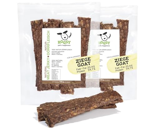 ROQSY Natur-Dörrfleisch 100% Ziege Trockenfleisch für Hunde 200g/2x100g Kauartikel auch für Welpen, getreidefrei, Jerky, Hundesnack, Kaustreifen, Leckerli, Barf-fähig von ROQSY