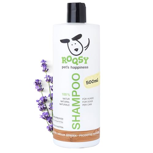 ROQSY Natur-Hundeshampoo 500ml – Vegan, Bio – Hundeshampoo für große Hunde, Langhaar, Sensible Haut, gegen Geruch und für EIN sauberes, glänzendes Fell - auch weißes Fell von ROQSY