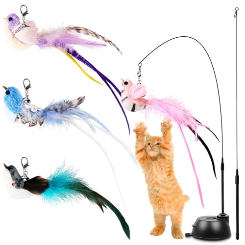ROSAUI Spielzeug Katze, Katzenspielzeug Vogel 4er, Katzenangel mit Saugnapf, interaktives Cat Toy-Set von ROSAUI
