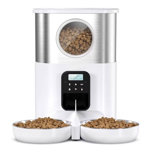 Futterautomat 5l Edelstahl Feeder O Fenster Doppel Outlet Automatischer Feeder Haustier Trockenfutter Spender für Katzen und Hunde Haustier futterautomat(Blanc) von ROSEEONNE