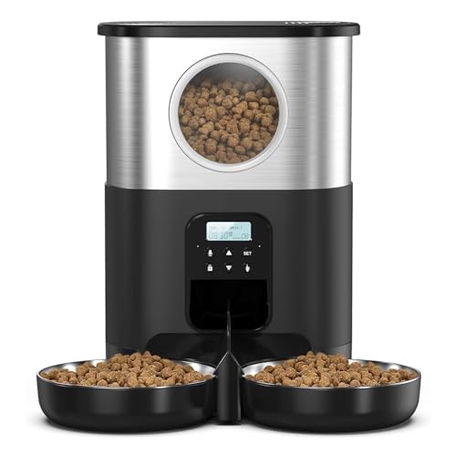 Futterautomat 5l Edelstahl Feeder O Fenster Doppel Outlet Automatischer Feeder Haustier Trockenfutter Spender für Katzen und Hunde Haustier futterautomat(Svart) von ROSEEONNE