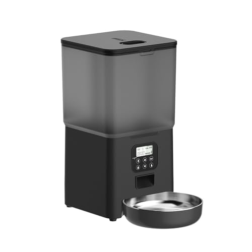 Futterautomat 6l Pet Feeder Katze- und Hundefütter mit Edelstahlschale kann 1-4 Mahlzeiten pro Tag mit doppelter Stromversorgung füttern Haustier futterautomat(Svart,Button Type) von ROSEEONNE