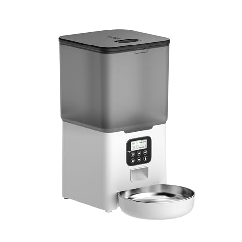 Futterautomat 6l Pet Feeder Katze- und Hundefütter mit Edelstahlschale kann 1-4 Mahlzeiten pro Tag mit doppelter Stromversorgung füttern Haustier futterautomat(White A,Button Type) von ROSEEONNE