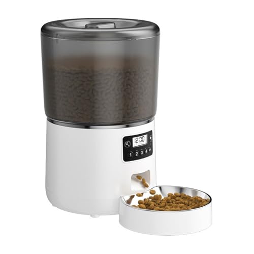 Futterautomat Haustier automatische Fütterung 4L Lebensmittellager Eimer Katze und Hunde Fütterung mit Edelstahl Schüssel für tägliche Mahlzeiten Haustier futterautomat(Blanc,Button Type) von ROSEEONNE