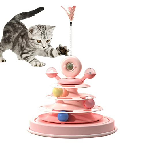ROSSEV Katzenkugelturm – Katzenspielzeug mit 360°-Drehung – Katzenspielzeug, Windmühle, drehbar auf 4 Ebenen, mit Teasern aus Federn und Katzen für Kätzchen von ROSSEV