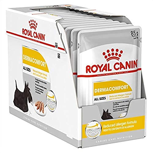 ROYAL CANIN DERMACOMFORT Mousse | 12 x 85 g | Nassfutter für ausgewachsene Hunde ab dem 10. Lebensmonat | Bei empfindlicher Haut | Mit Omega-3 und -6 Fettsäuren von ROYAL CANIN