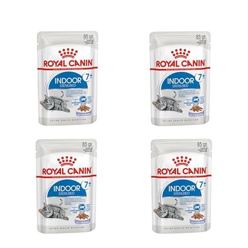 Royal Canin Indoor Sterilised 7+ | 4er Pack | 4 x 12 x 85 g | Alleinfuttermittel für Katzen ab dem 7. Lebensjahr | Für sterilisierte Katzen die im Haus Leben | Häppchen in Gelee von ROYAL CANIN