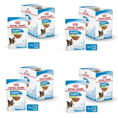 ROYAL CANIN X-Small Puppy | 4er Pack | 4 x 12 x 85 g | Feuchtnahrung für besonders kleine Hundewelpen | Bis zum 10. Lebensmonat | Mit Häppchen in Soße | Im Pouchbeutel von ROYAL CANIN