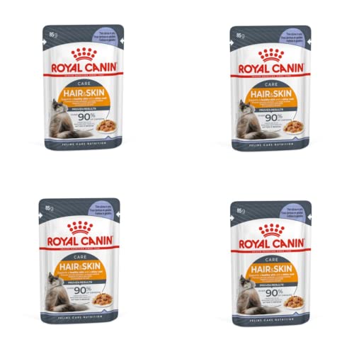 Royal Canin Hair & Skin Care Jelly | 4er Pack | 4 x 12 x 85g | Alleinfuttermittel für ausgewachsene Katzen | Kleine Stückchen in Gelee | Mit Omega 3- und Omega 6-Fettsäuren von Royal Canin