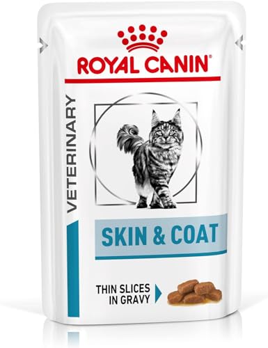Royal Canin Veterinary Diet Feline Skin & Coat | 12 x 85 g | Nassfutter für ausgewachsene Katzen | Feine Stückchen in Soße | Zur Unterstützung der Hautbarriere von Katzen von ROYAL CANIN