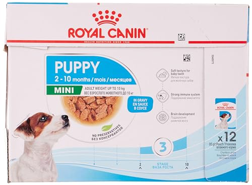 Royal Canin Mini Puppy | 12 x 85 g | Nassfutter für kleine Hundewelpen | Bis zum 10. Lebensmonat | Feine Stückchen in Soße | Weiche Textur für die Milchzähne von ROYAL CANIN
