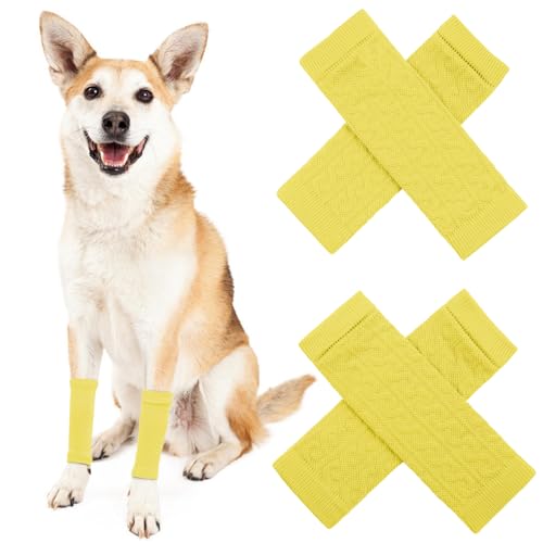 ROZKITCH Ellenbogenschutz für Hunde, 2 Stück Vorderbein- und 2 Hinterbeinbandagen, Hunde-Ellenbogenbandage, Hundebeinwärmer, Wickelschutz, elastische gestrickte atmungsaktive Schutzsocke, gelb, Größe von ROZKITCH