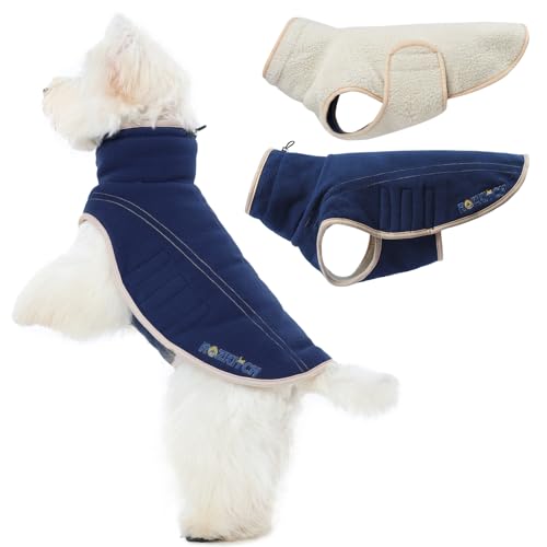 ROZKITCH Wendbare Hunde-Fleecejacke, verstellbare doppelseitige Weste für den kalten Winter, super warmer Fleece-Sherpa-Pullover mit Stickerei, Plüsch-Sweatshirt für kleine Rassen, Dunkelblau, M von ROZKITCH