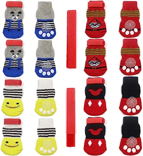 RPixc 4 Paar rutschfeste Hunde- und Katzensocken mit Gummiverstärkung und 8 kleinen Riemen, Haustierpfotenschutz, geeignet für Hartholzböden, Indoor-Kleidung von RPixc