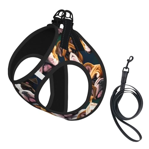 Welpengeschirr, Hundegeschirr und Leine, Set mit süßem englischen Bulldogge, weiches Netzgewebe, reflektierend, atmungsaktiv, leicht, Westen-Stil von RRSZCC