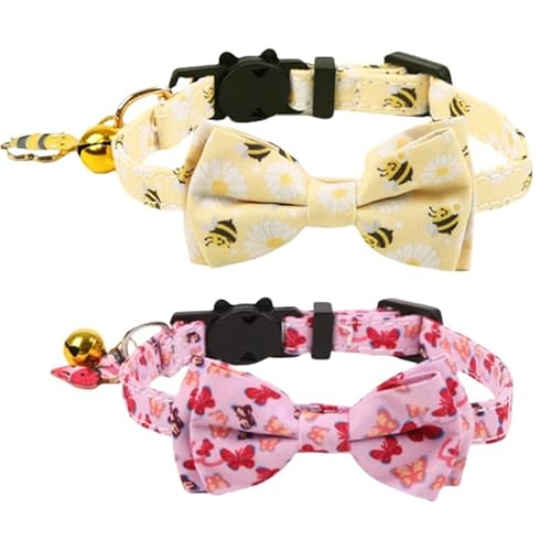 Katzenhalsband aus Baumwolle, 2 Stück, Rosa, Gelb und Fliege, Anhänger, Kätzchenhalsband, niedliches Katzenhalsband mit Glöckchen, 20 - 27 cm, ideal für Mädchen, Katzen, Jungen, Katzen, Valentinstag Katzenhalsband aus Baumwolle, 2 Stück, Rosa, Gelb und Fliege, Anhänger, Kätzchenhalsband, niedliches Katzenhalsband mit Glöckchen, 20 - 27 cm, ideal für Mädchen, Katzen, Jungen, Katzen, Valentinstag von RSACCSKY