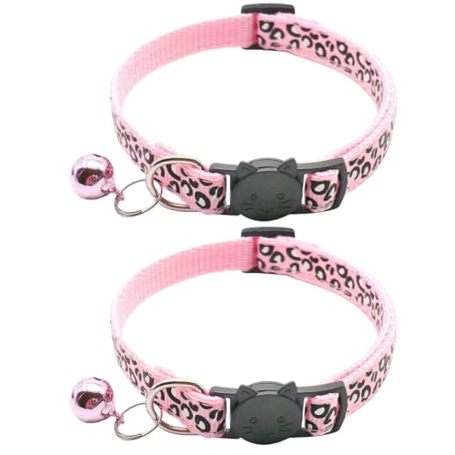 Reflektierendes Katzenhalsband mit Glöckchen, Leopardenmuster, niedliches Kätzchen, verstellbar, 19,1 - 32,5 cm, sicheres Kätzchen-Halsband, Charm-Anhänger (Rosa), 2 Stück von RSACCSKY