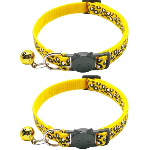 Reflektierendes Katzenhalsband mit Glöckchen, Leopardenmuster, niedliches Kätzchen, verstellbar, 19,1 - 32,5 cm, sicheres Kätzchen-Halsband, Charm-Anhänger (gelb), 2 Stück von RSACCSKY