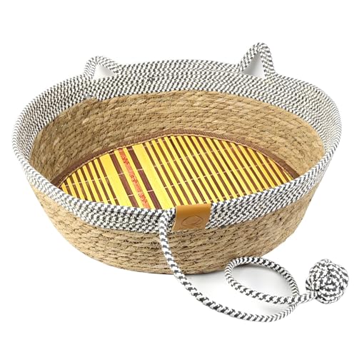RSHVSMS Baumwollseil Katzenbett gewebt, Waschbarer Sommer Katzenkorb mit Kühlkissen & Seilball, Pet Sleep Korb, Atmungsaktives Katzennest für Katzenwelpen/Kätzchen, XXL 48x48x15cm (Grau-Weiß) RSHVSMS Baumwollseil Katzenbett gewebt, Waschbarer Sommer Katzenkorb mit Kühlkissen & Seilball, Pet Sleep Korb, Atmungsaktives Katzennest für Katzenwelpen/Kätzchen, XXL 48x48x15cm (Grau-Weiß) von RSHVSMS