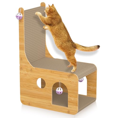 Kratzbrett Katzen, Doppeldecker Katzenbett mit L-förmigem Kratzbrett – Verschleißfeste Kratzpappe mit 4 Ballspielzeuge & gemütlicher Liegefläche – Multifunktionales Katzenhaus (65x40x23cm) von RSHVSMS