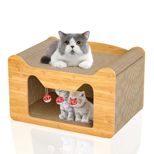 XXL Katzenhaus aus Pappe, Katzen Kratzmatte, 2-lagiges Design Kratzpappe mit Spielball & Katzenbett, Indoor-Katzenhöhle 55x30x30cm, Starker Kratzschutz & Spielzeug-Kombi von RSHVSMS