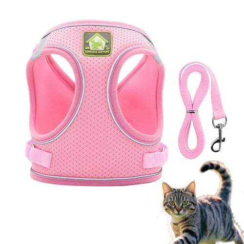 Katzengeschirr und Leine, verstellbar, reflektierend, gestreift, mit Leine, Katzenhalsband, ausbruchsicher, weiches Netzgewebe, Geschirr und Leine für kleine und mittelgroße Katzen von RSYHVG