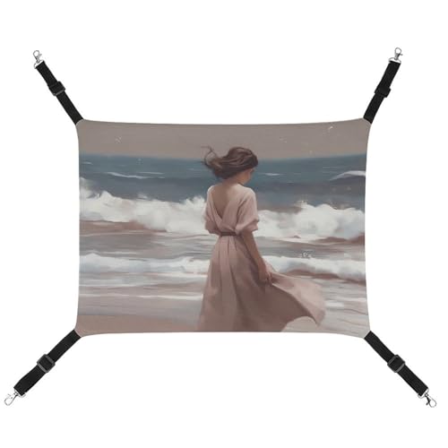 RTFGHJS Hängende Haustier-Hängematte für Käfig, weich, atmungsaktiv, Mädchen, stehend am Strand, Haustierkäfigbett mit Metallhaken, für kleine Haustiere, Schlafunterlage für Katzen, Hunde, Kaninchen, von RTFGHJS