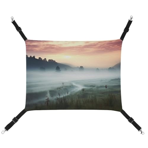 RTFGHJS Hängende Haustier-Hängematte für Käfig, weich, atmungsaktiv, neblige Landschaft, Haustierkäfigbett mit Metallhaken, Schlafunterlage für Katzen, Hunde, Kaninchen, andere Kleintiere von RTFGHJS