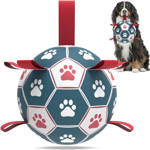 RUCACIO Extra großes Hundespielzeug, Hunde-Fußball mit Riemen, langlebige Hundebälle zum Tauziehen, Welpengeburtstagsgeschenk, Weltmeisterschaft für große Hunde (22,9 cm) von RUCACIO